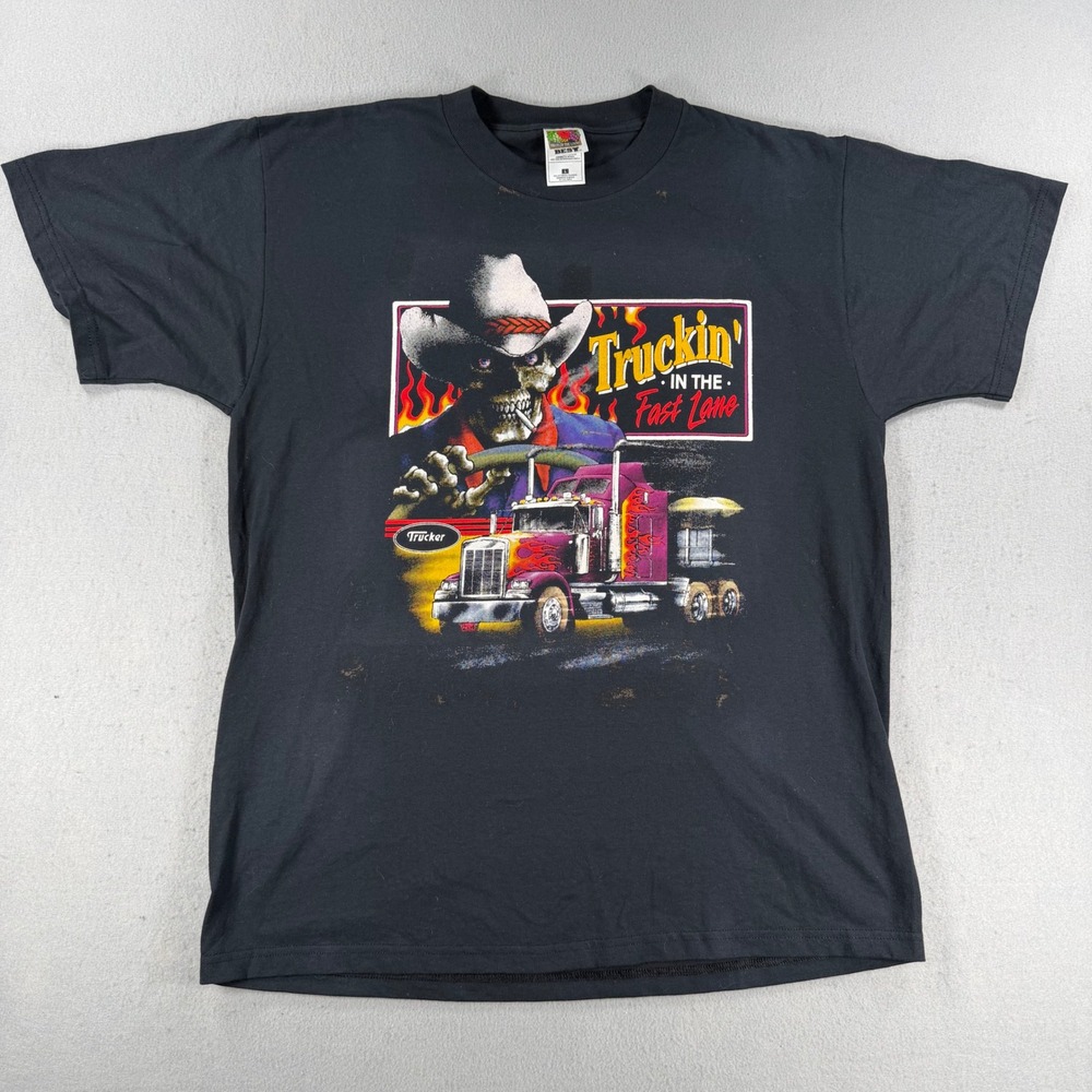 Vintage Fruit of the Loom Truckin In The Fast Lane Skeleton Trucker T-Shirt L